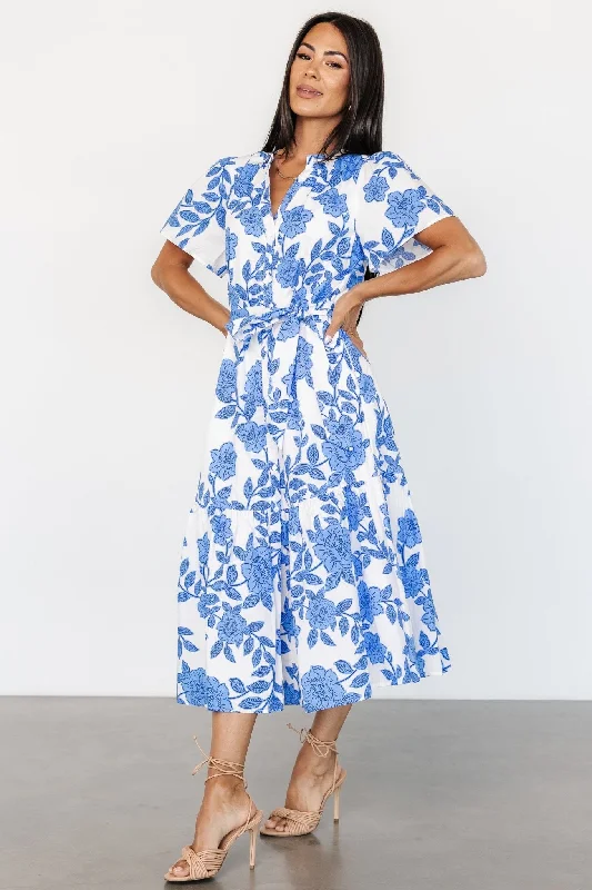 Lydie Button Midi Dress | White + Blue