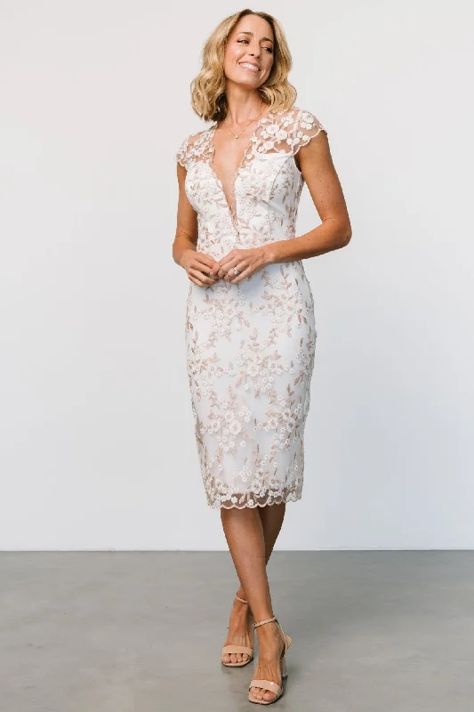 Monique Embroidered Midi Dress | White + Gold