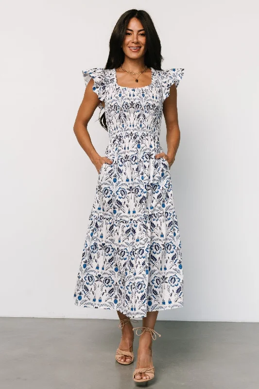 Rhodes Smocked Dress | White + Blue Print