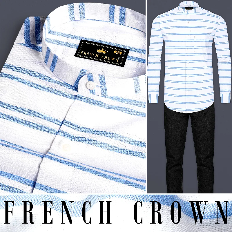 Bright White and Cornflower Blue Striped Dobby Textured Premium Giza Cotton Shirt