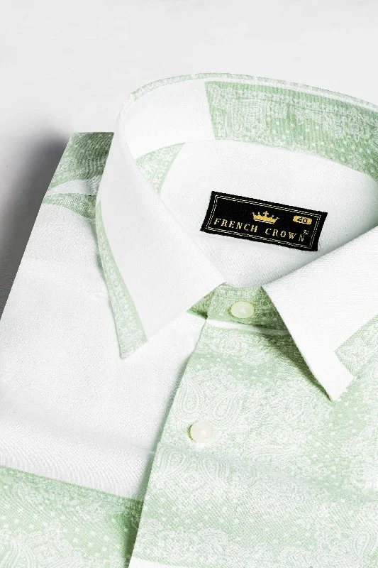 Bright White and Sage Green Paisley Printed Premium Tencel Shirt