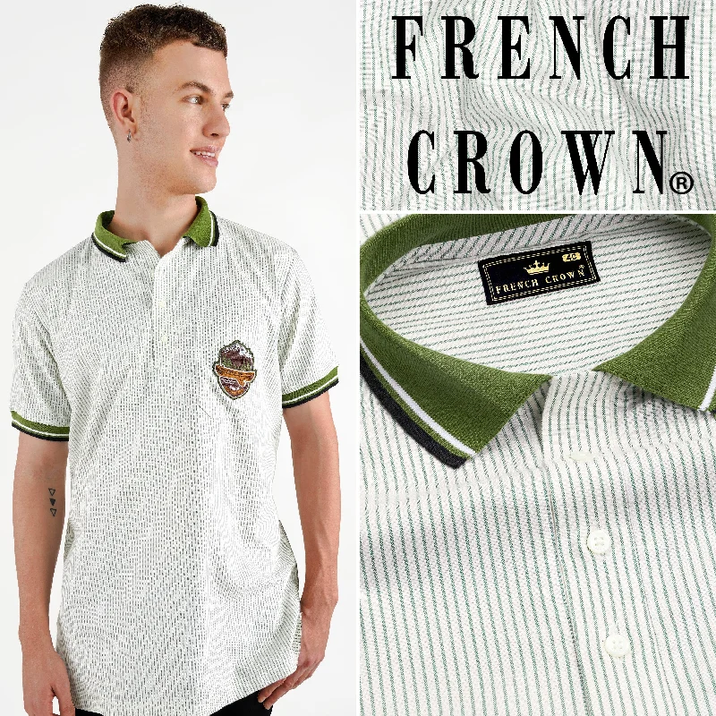 Bright White with Lunar Green Striped Royal Oxford Designer Polo with Embroidered Work on Pocket