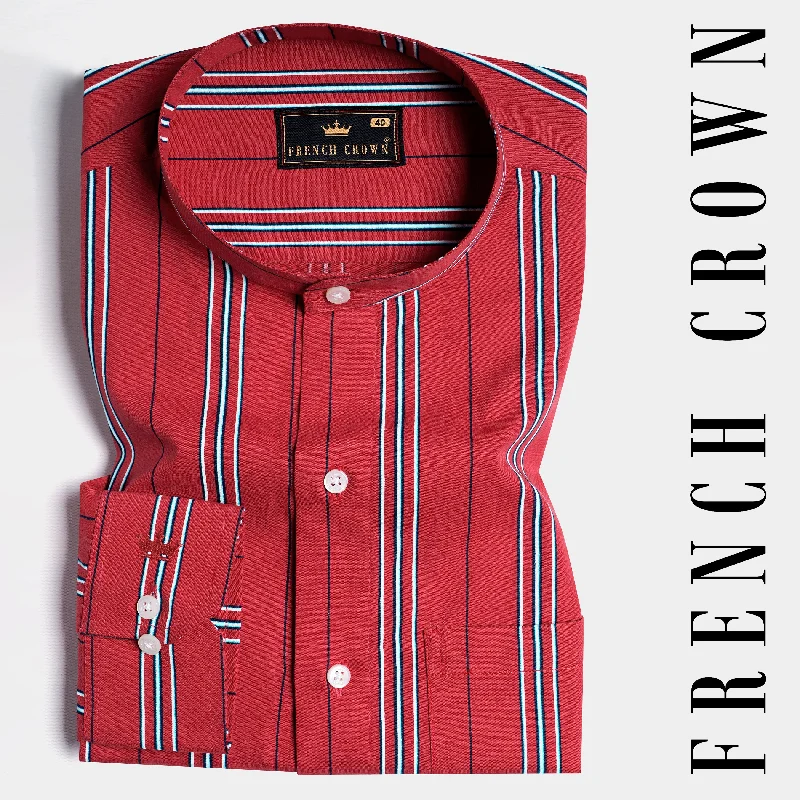 Cardinal Red with White and Cove Blue Striped Twill Premium Cotton Shirt