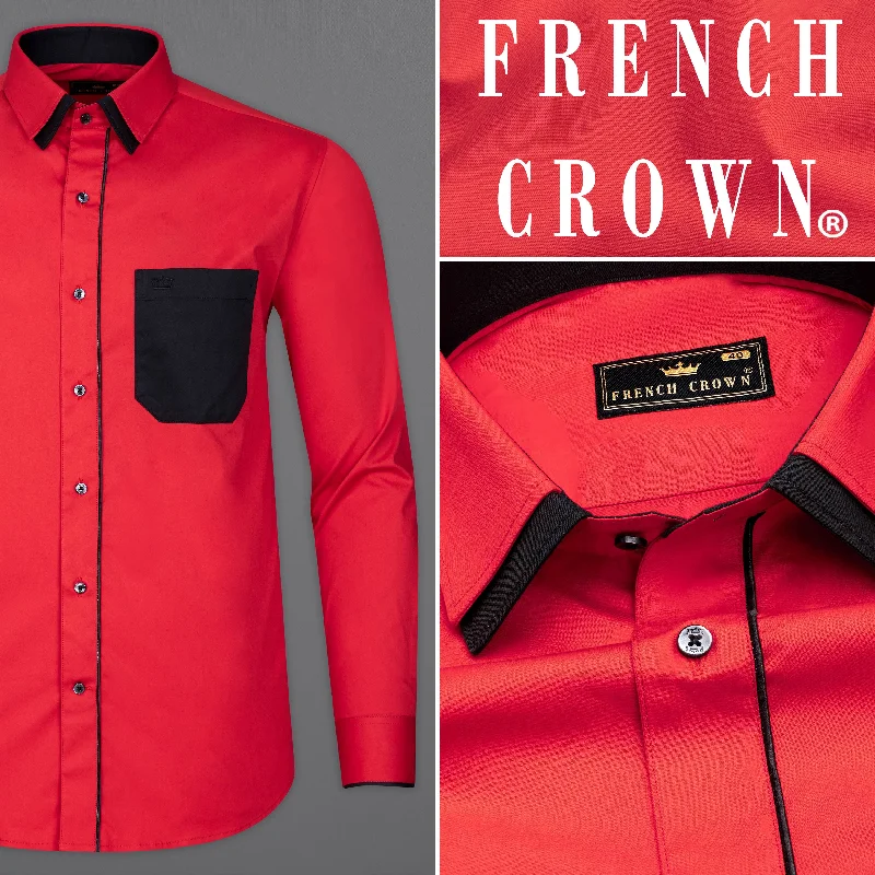 Carmine Red with Black Piping Work Premium Cotton Designer Shirt