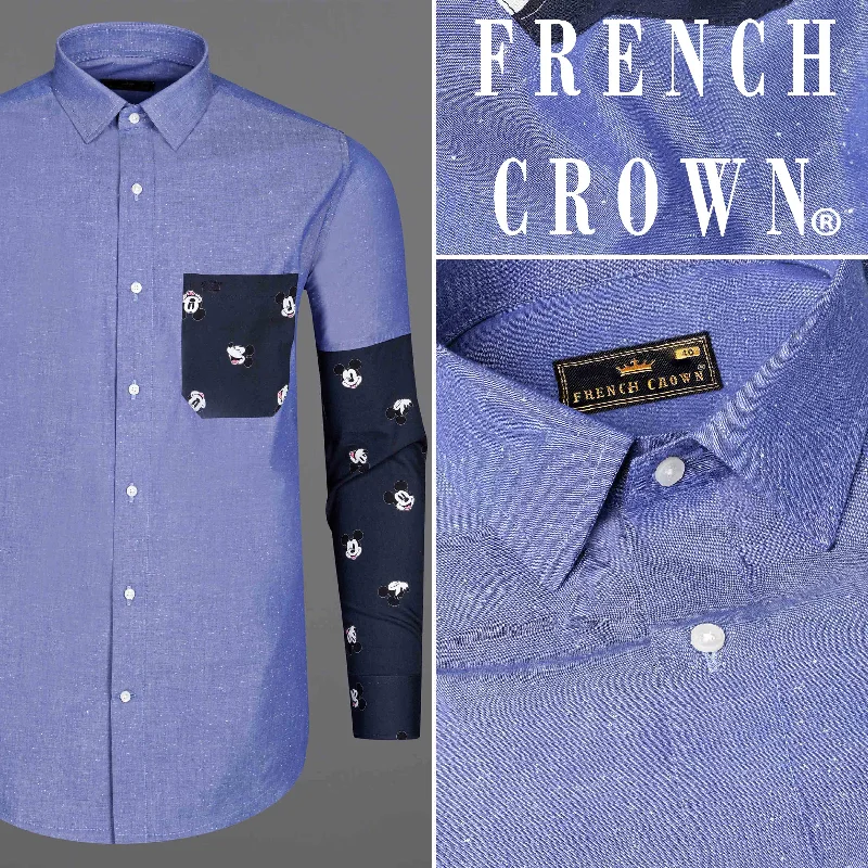 Dark Pastel Blue With Mickey Mouse Chambray Textured Premium Cotton Designer Shirt