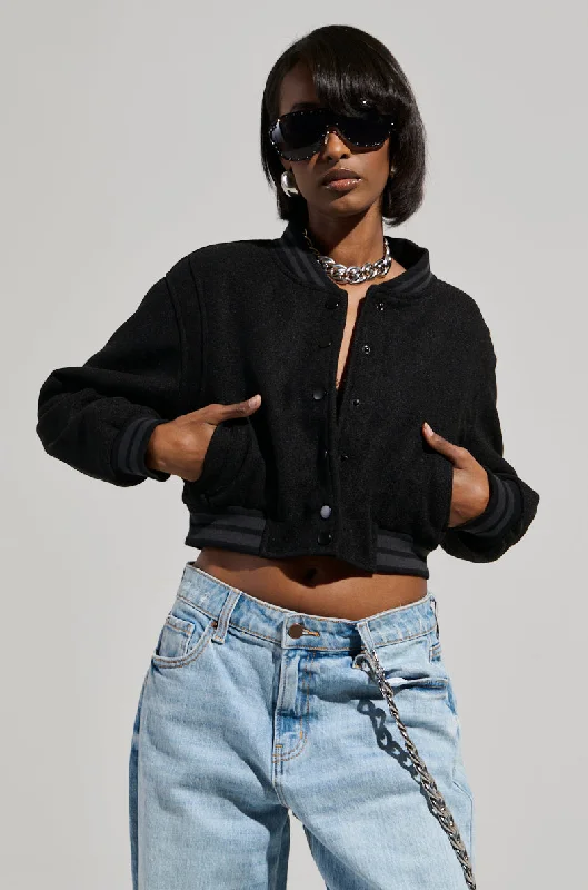 DAVIS EVERYDAY CROPPED VARSITY BOMBER IN BLACK