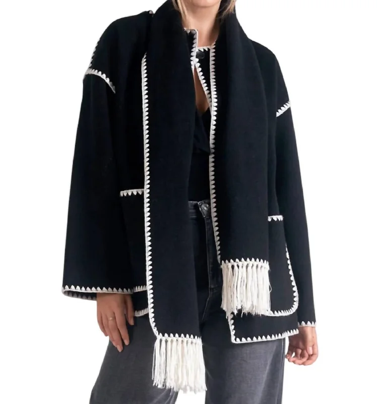 Top Stitch Jacket W/ Scarf In Black/white