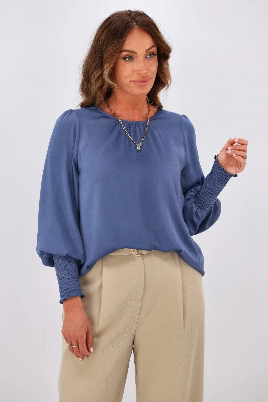 Jane James Madison Puffed Sleeve Blouse Steel Blue